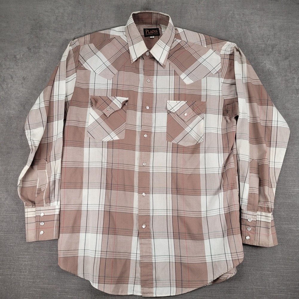 Plains Western Vintage Plaid Shirt Long Sleeve Pearl Snap‎ Brown Mens Size M